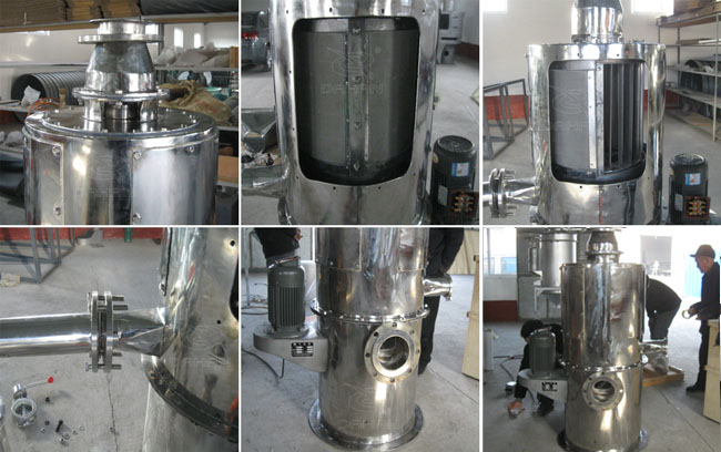 小型立式氣流篩細節：立式氣流篩篩網，立式氣流篩出料口，立式氣流篩電機。